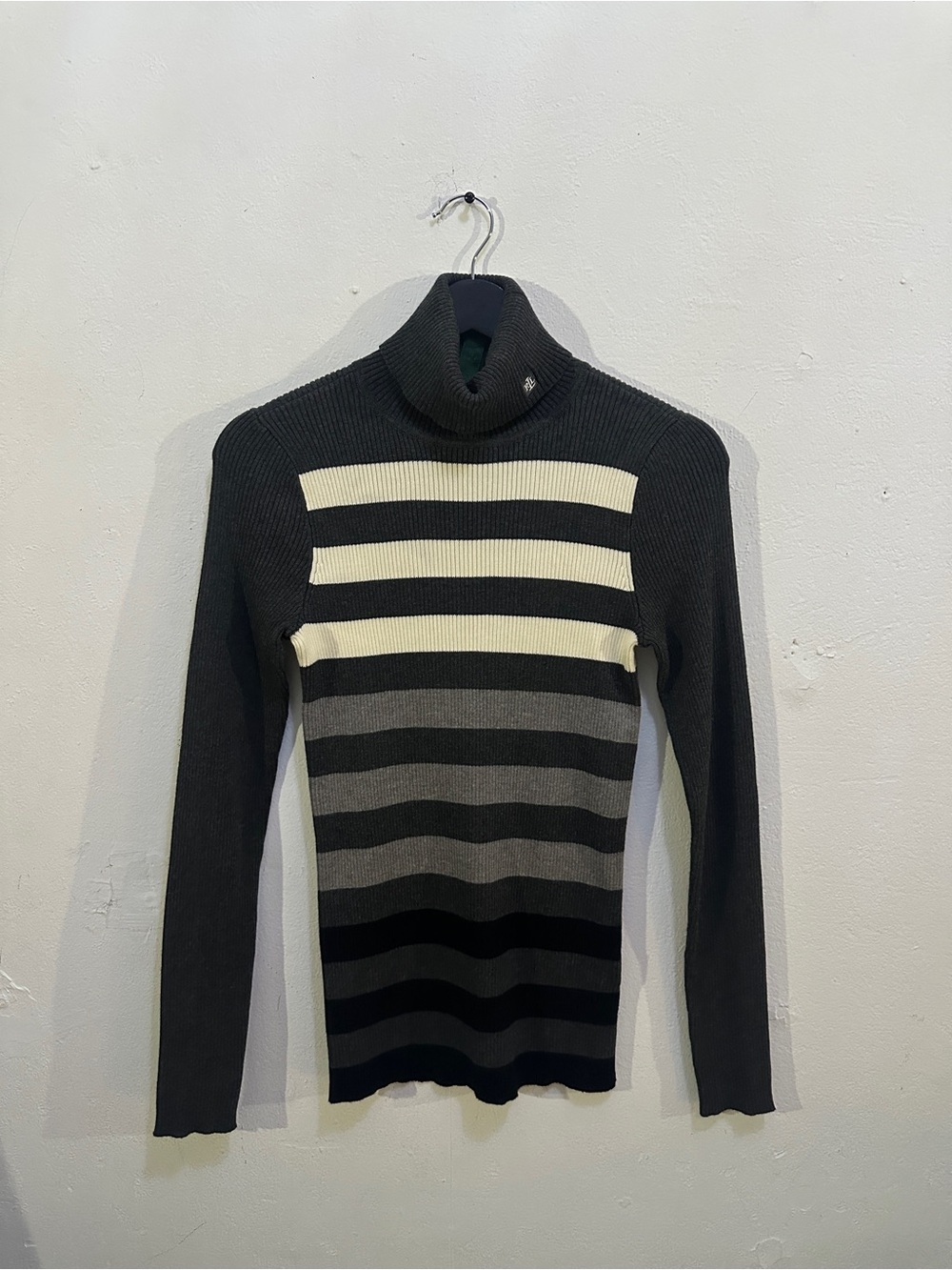 Lauren Ralph Lauren Turtleneck Sweater Striped Black Gray Cream S